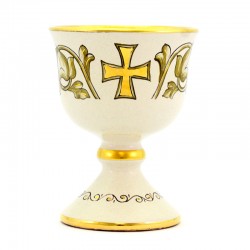 Ivory ceramic chalice with cross and friezes 15 cm