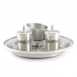 Silvery Brass Baptism Set with Incised Plate 18 cm