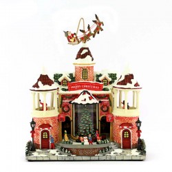 Carillon Santa Claus with reindeer in tower house  29x34x16 cm