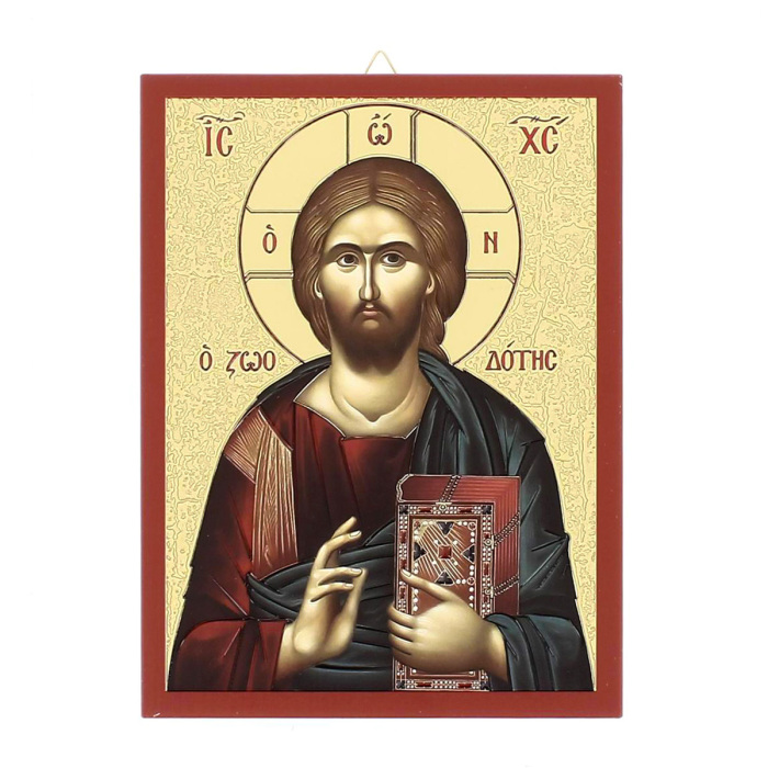 Icono Cristo Pantocrátor madera borde rojo 19x25 cm