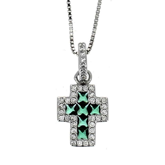 Collar Cruz plata y circonitas verdes Realis