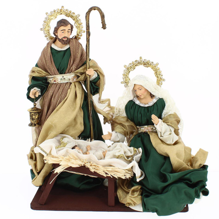 Nativity scene in resin forest green and gold fabric 45 cm