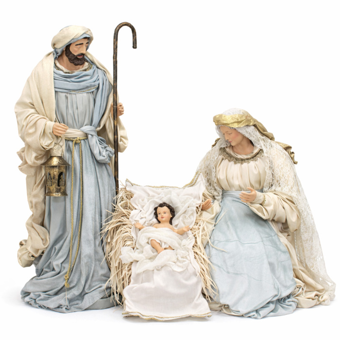 Belén en resina y tela beige y celeste 107 cm 3 figuras