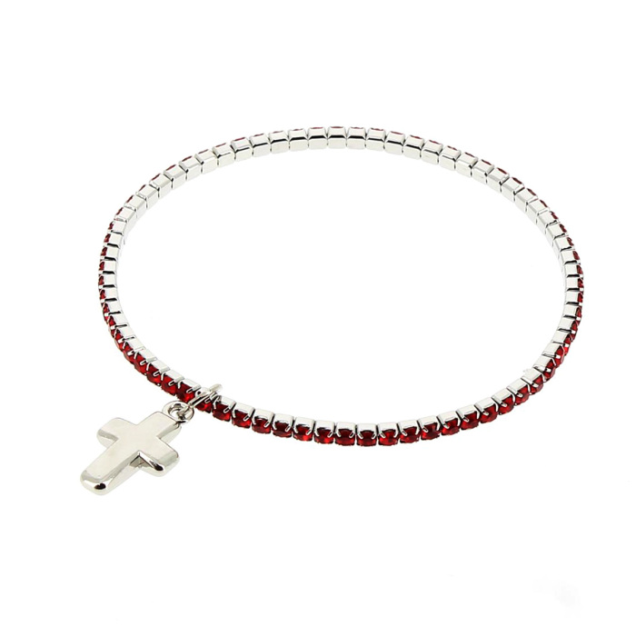 Pulsera elástica con cruz colgante y strass rojos