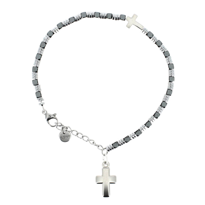 Pulsera de acero con hematita y cruz horizontal Pulsera de acero con hematita y cruz horizontal