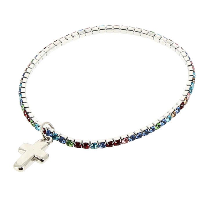 Bracciale Elasticizzato con Croce pendente e Strass Multicolori