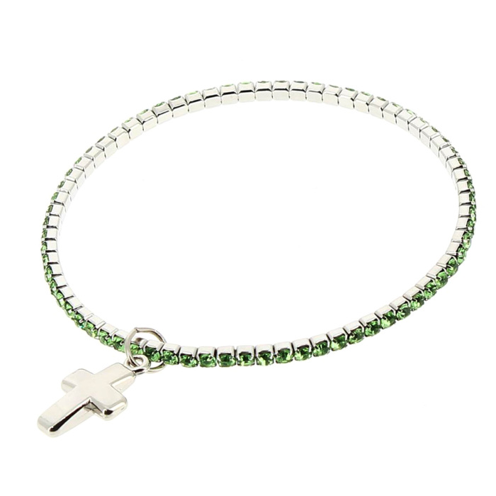 Pulsera elástica con cruz colgante y strass verdes