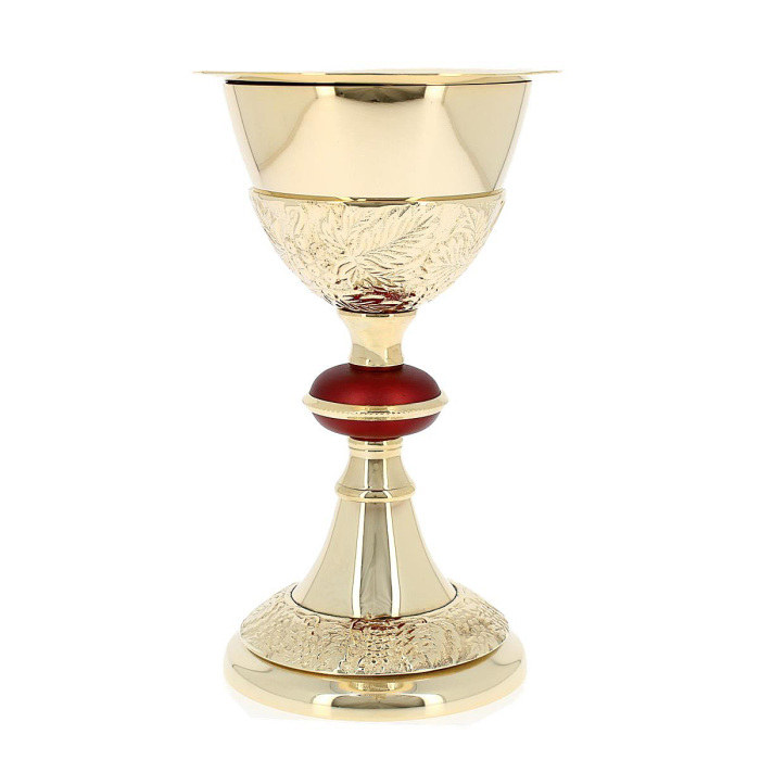 Calice decorato foglie e uva a rilievo con Patena 23 cm Calice decorato foglie e uva a rilievo con Patena 23 cm