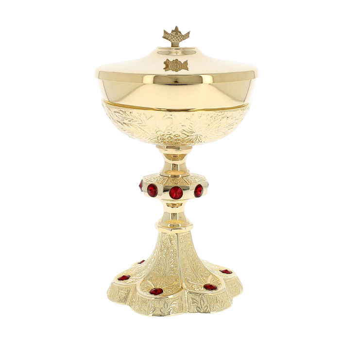 Pisside ottone dorato pietre cristallo rosso 26 cm Pisside ottone dorato pietre cristallo rosso 26 cm