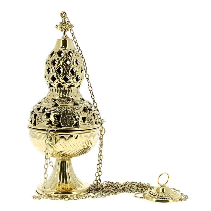 Turibolo in ottone dorato decorazione pesci 27 cm Turibolo in ottone dorato decorazione pesci 27 cm