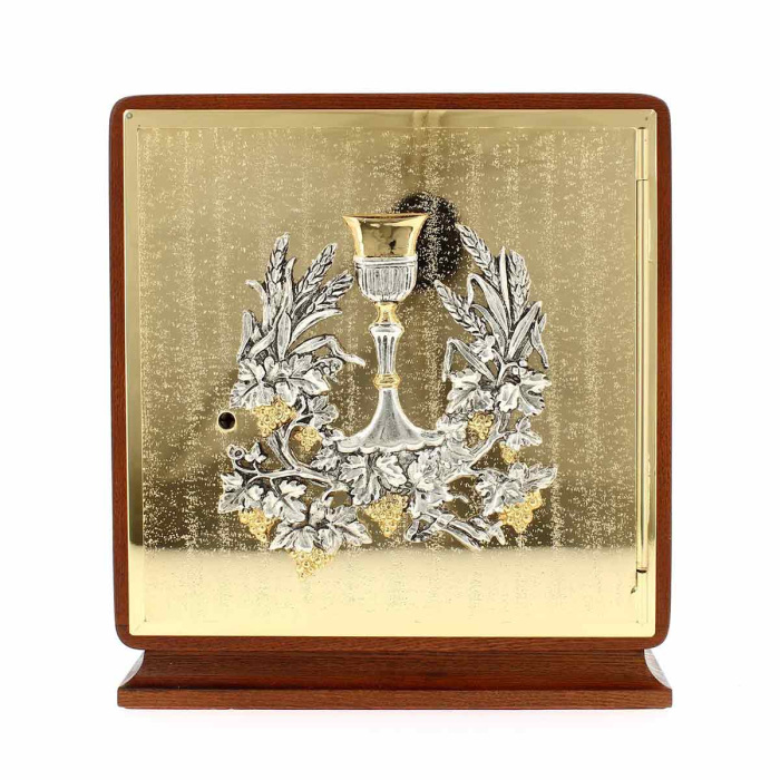 Tabernacolo legno porta ottone Calice, Grano e Uva 25x28x25 cm