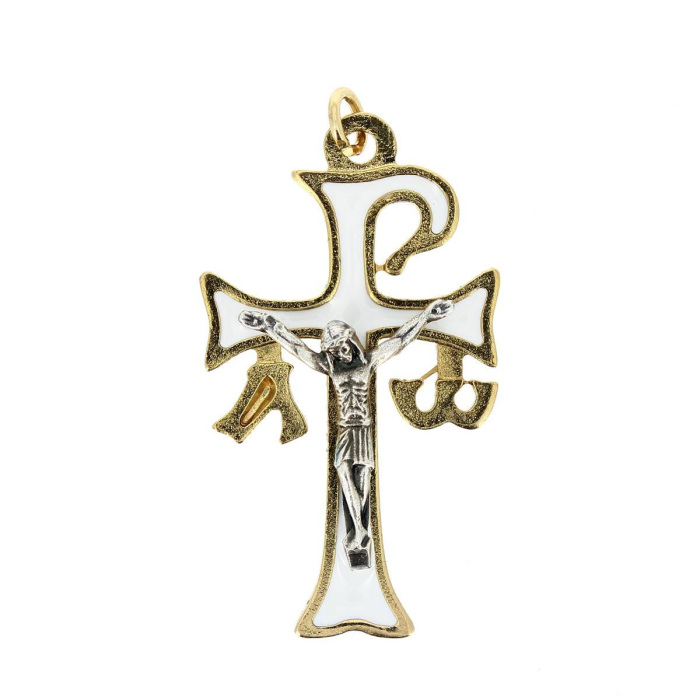 Croce di Aquileia metallo dorato smalto bianco 2,8x5 cm