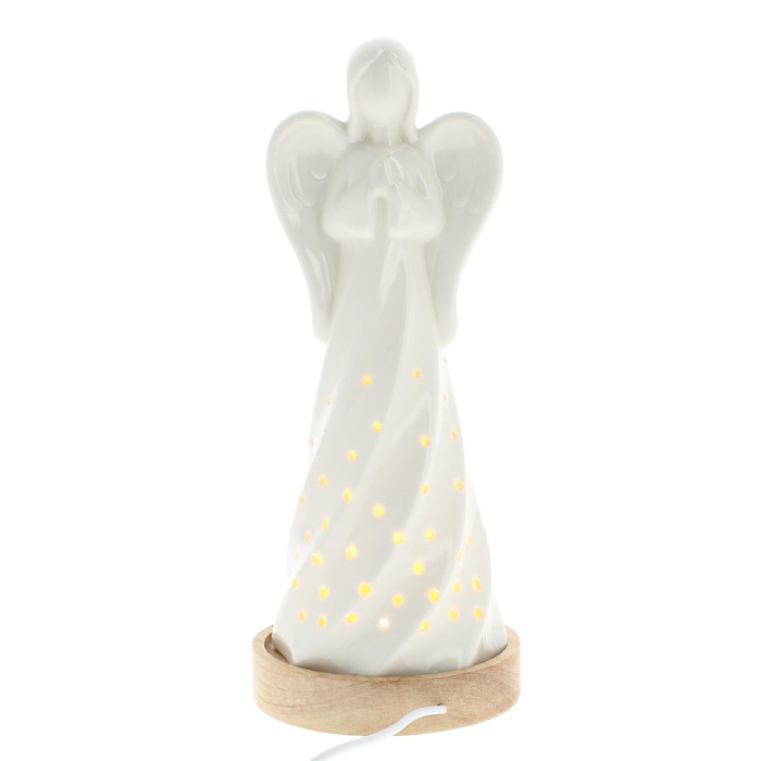 Ángel de porcelana blanca sobre base de madera luminosa 24,5 cm