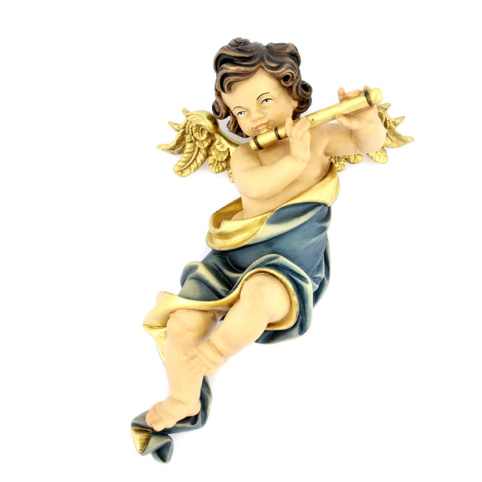 Ángel con flauta de madera pintada 30 cm