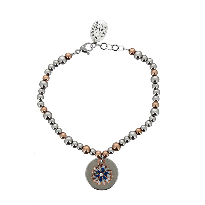 Bracciale in acciaio bicolore e ciondolo fiorellino smaltato