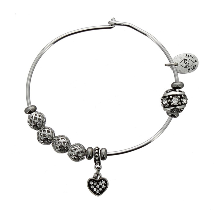 Bracciale rigido in acciaio e charm con cuore strass bianco Bracciale rigido in acciaio e charm con cuore strass bianco