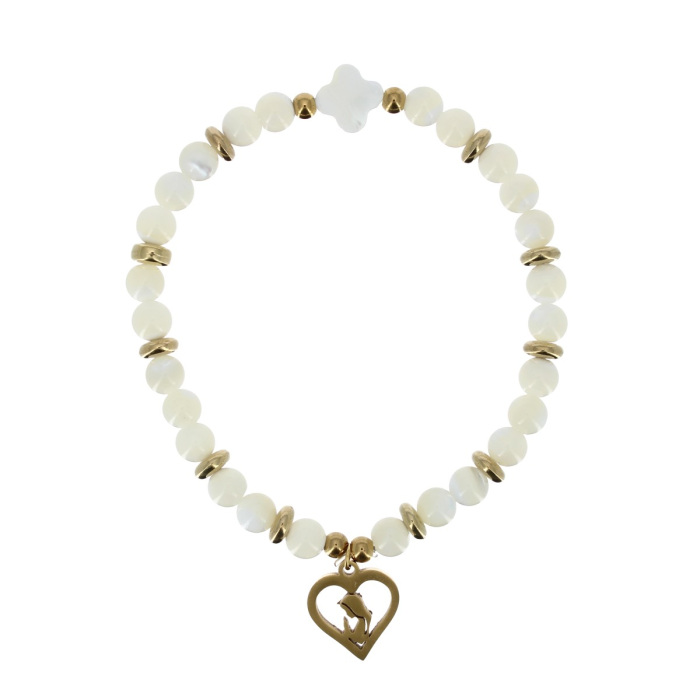 Bracciale elastico madreperla cuore dorato Grano 6 mm