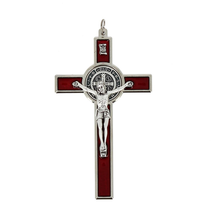 Croce San Benedetto smalto rosso 7x12 cm Croce San Benedetto smalto rosso 7x12 cm