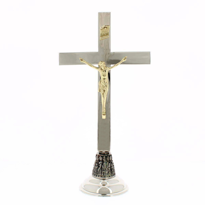 Nickel-plated brass altar cross 12 Apostles 46 cm