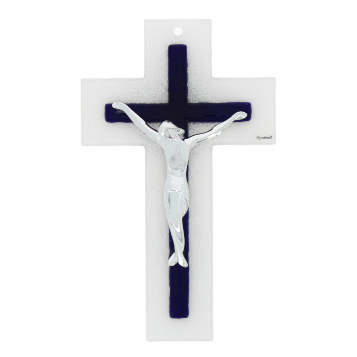 Crocifisso doppio vetro bianco e blu 26 cm