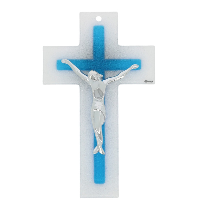 Crocifisso doppio vetro bianco e azzurro 26 cm Crocifisso doppio vetro bianco e azzurro 26 cm