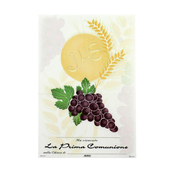 Pergamena Prima Comunione Grano, Uva e IHS 17x25 cm Pergamena Prima Comunione Grano, Uva e IHS 17x25 cm