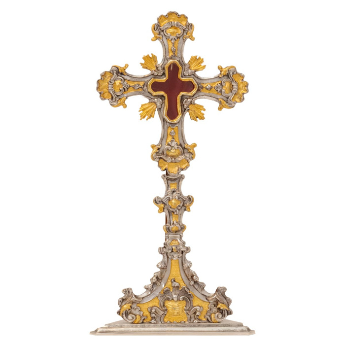Reliquiario Croce raggi ottone e supporto legno 41 cm