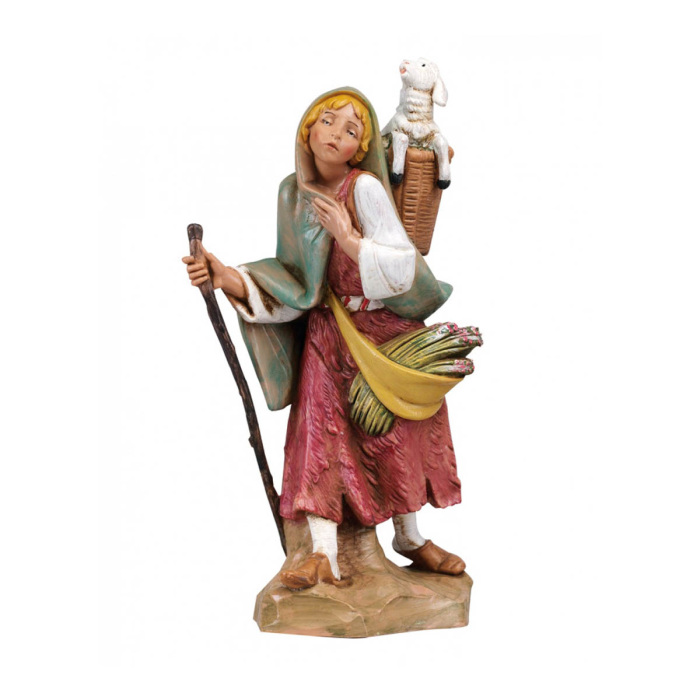 Pastorella con agnello in resina 19 cm Presepe Fontanini