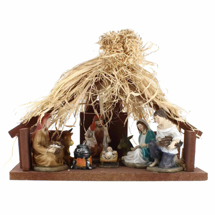 Cabaña con Natividad y pastores 32x23x17 cm