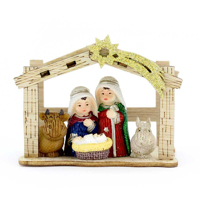 Nativity with hut in resin and wood 9,5x7 cm