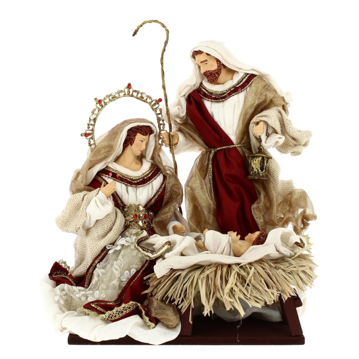 Belén de resina y tela beige y burdeos 35 cm
