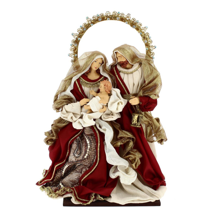 Sacra Famiglia resina e stoffa beige e bordeaux 35 cm