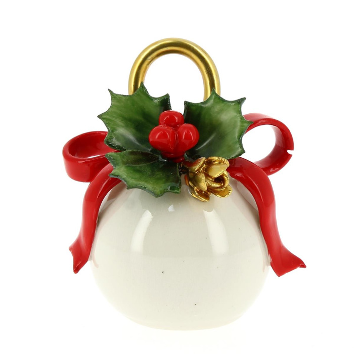 Ornamento in ceramica sfera avorio nastro rosso 7x8 cm