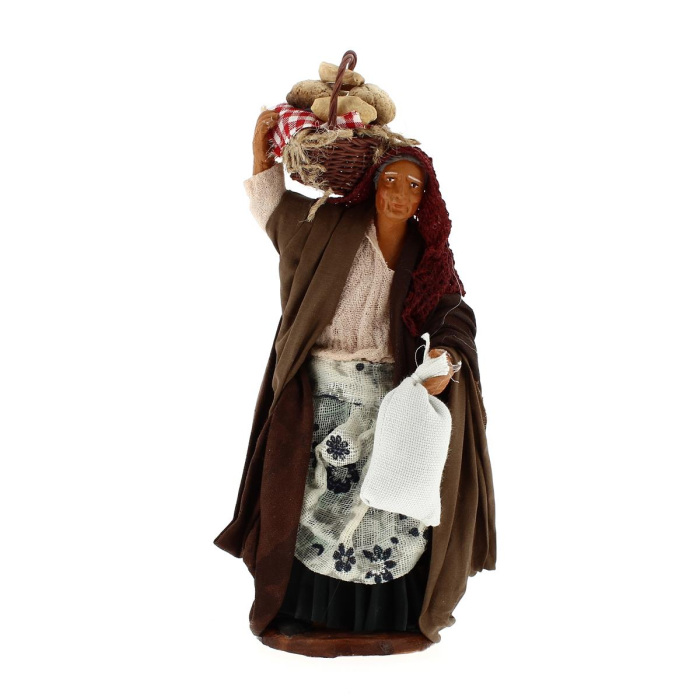 Woman with sack and basket of bread in dressed terracotta 15 cm