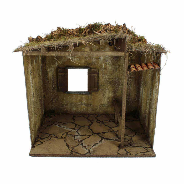 Wood and cork nativity scene hut with light 50x50x40 cm