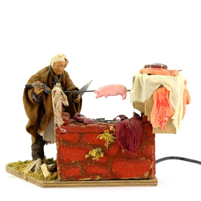 Uomo che gira porchetta in terracotta vestita a movimento 15 cm