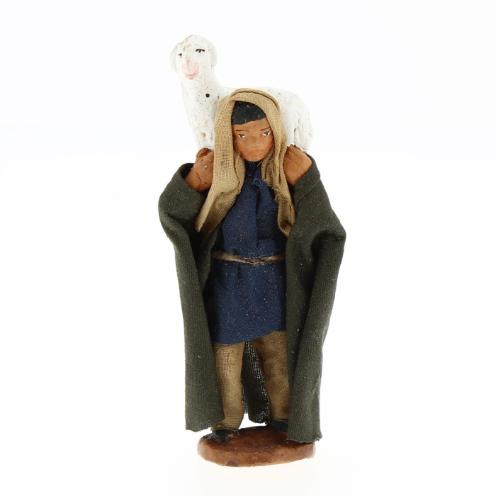 Shepherd with sheep on shoulders in dressed terracotta 7 cm