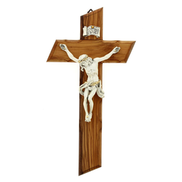 Crocifisso legno ulivo corpo resina argentato 20x38 cm Crocifisso legno ulivo corpo resina argentato 20x38 cm