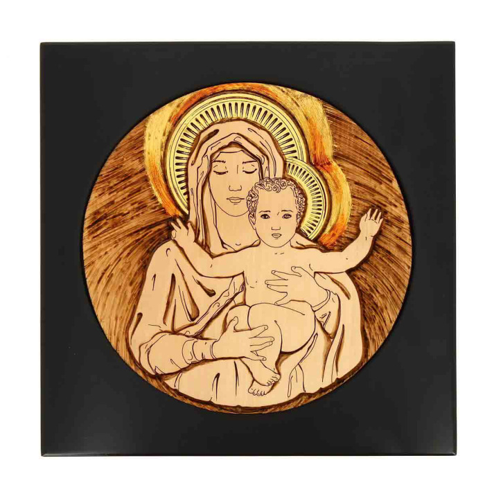 Picture Virgin with Child in lacquered wood 30x30 cm
