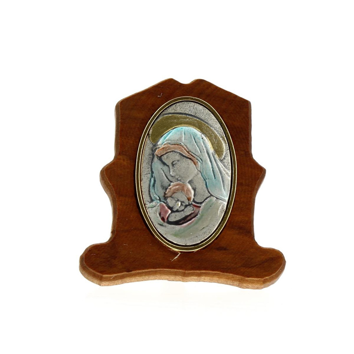 Cuadro de madera con placa de metal Virgen con el Niño 5x5 cm