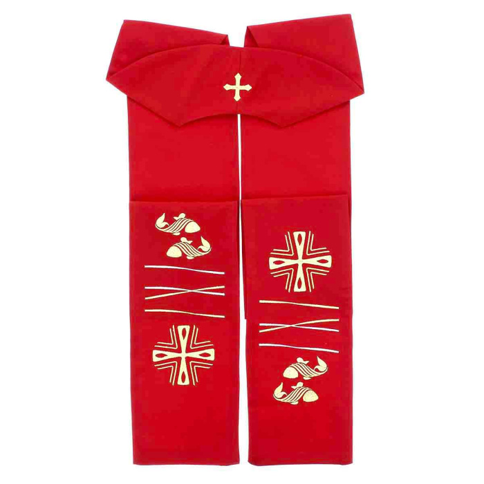 Estola de poliéster roja con bordado peces y cruz