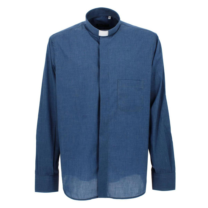 Camisa clergy manga larga mezcla algodón azul dril