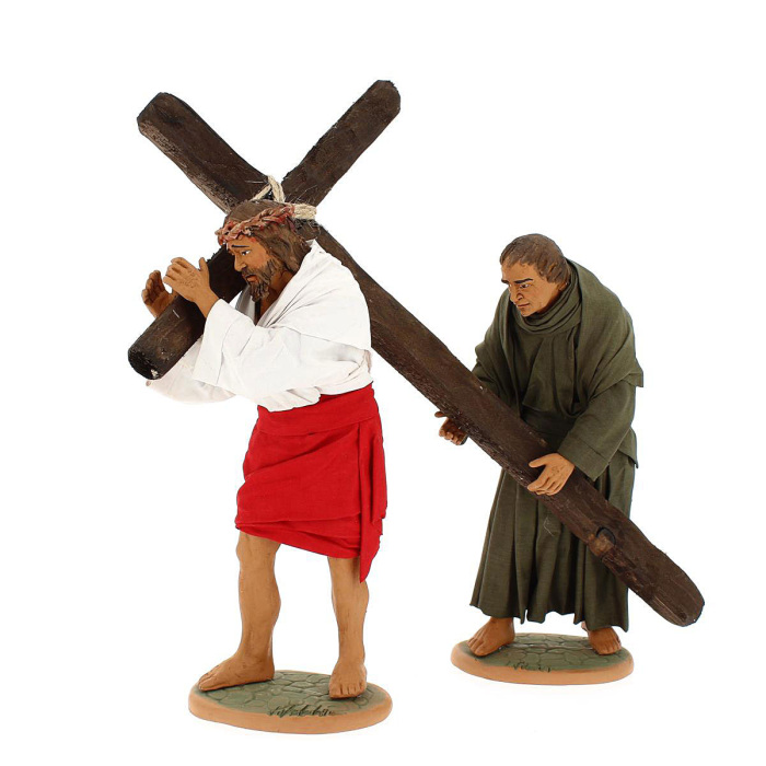 Gesù porta la croce aiutato dal Cireneo presepe pasquale 30 cm