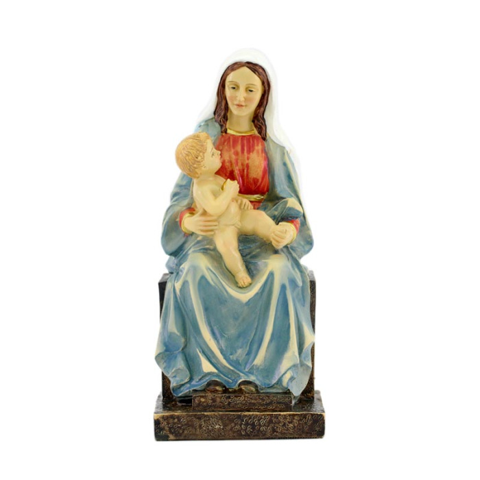 Virgin with Child seated colored resin statue 20 cm