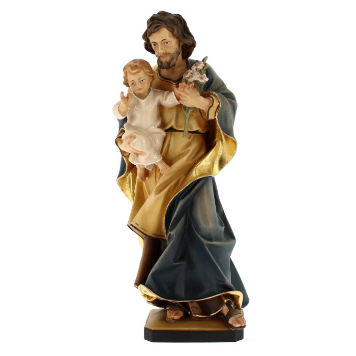 Statua San Giuseppe con Bambino e giglio in legno colorato 30 cm Statua San Giuseppe con Bambino e giglio in legno colorato 30 cm