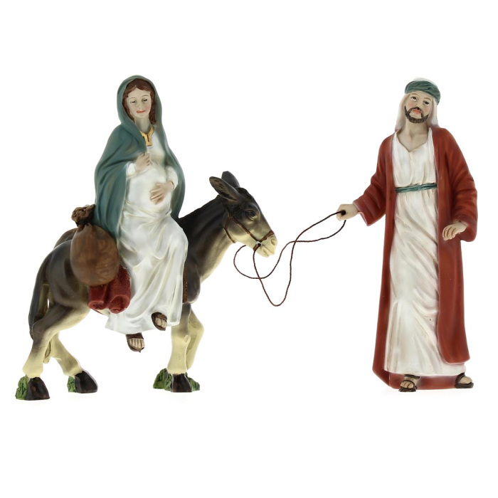 Scena Giuseppe e Maria incinta su asino in resina 15 cm