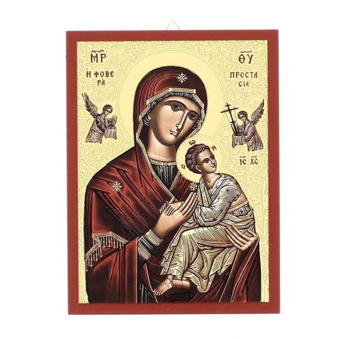 Icono Virgen del Perpetuo Socorro madera borde rojo 19x25 cm