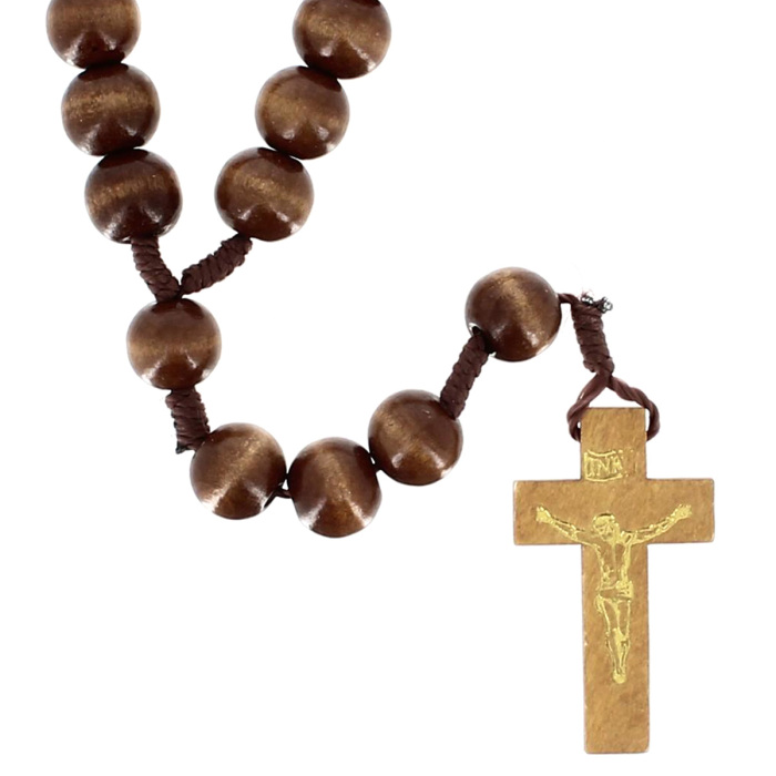 Rosario de Madera Clara y Cordón con Cuentas de 12 mm
