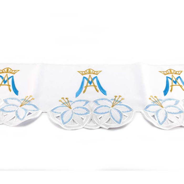 Puntilla para mantel de altar mariano con lirios y flores 25 cm Puntilla para mantel de altar mariano con lirios y flores 25 cm