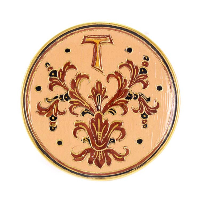 Patena de cerámica con Tau y lirios Diámetro 15 cm Patena de cerámica con Tau y lirios Diámetro 15 cm